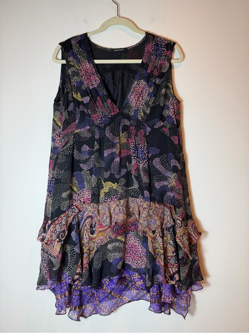 Nanette Lepore Mixed Print 100% Silk Ruffle Flowy Paisley Dress XL